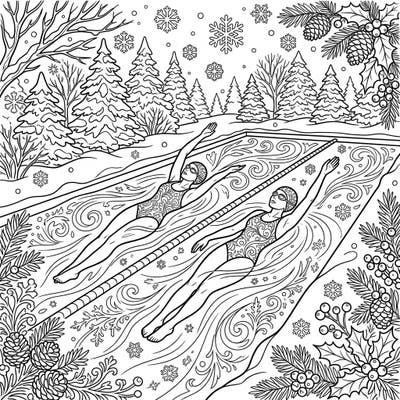 Experience the serene beauty of winter with this captivating coloring page featuring two elegant backstroke swimmers. Delve into a unique scene where the coolness of the water meets the charm of a snowy wonderland, ready for your creative touch.