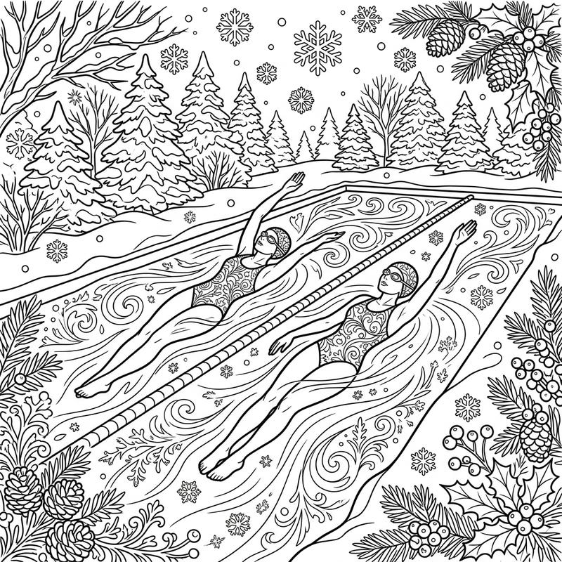 Experience the serene beauty of winter with this captivating coloring page featuring two elegant backstroke swimmers. Delve into a unique scene where the coolness of the water meets the charm of a snowy wonderland, ready for your creative touch.