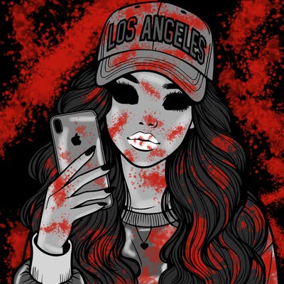 realistic beautiful girl wearing los ángeles cap holding an iphone