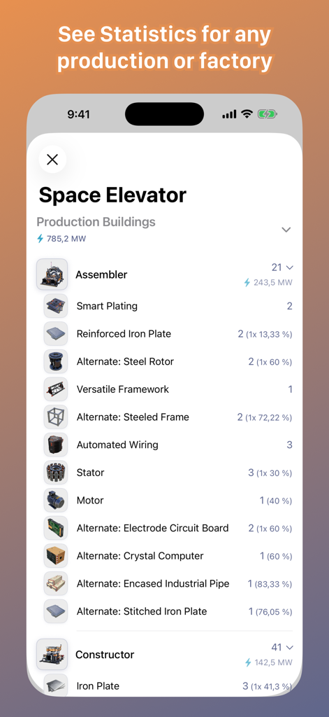 Satisfactory Helper - Satisfactory Helper app screen showing production statistics for the Space Elevator with detailed building and item counts