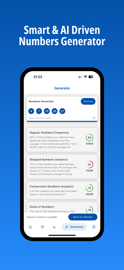 French LOTO - French LOTO app AI numbers generator screen featuring statistical analysis and number frequency.