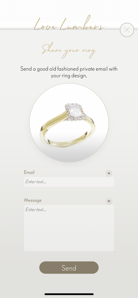 Engagement Ring Designer - Interface for sharing a custom engagement ring design via email within the Lumbers Engagement Ring Designer app