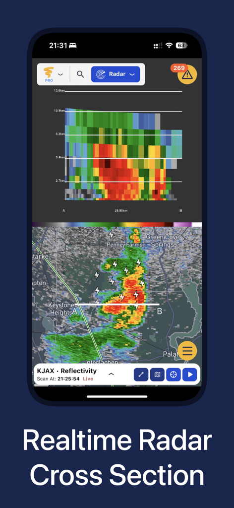 Screenshot of WeatherWise app showing a professional realtime radar cross section of a storm with high resolution reflectivity data