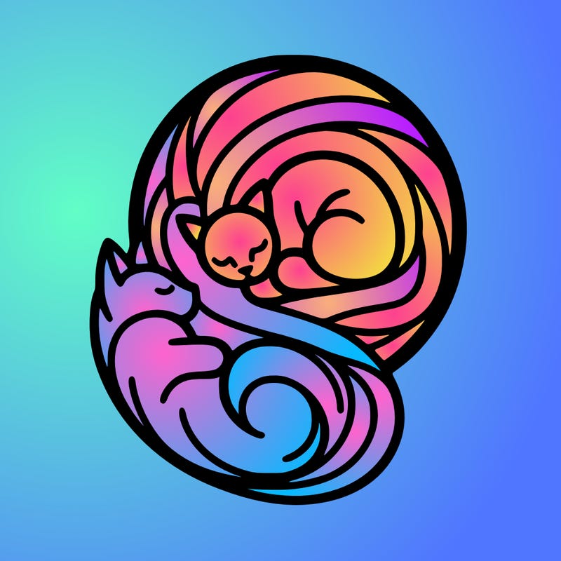 abstract art designed cat curled in a ball seeing reflection of itself