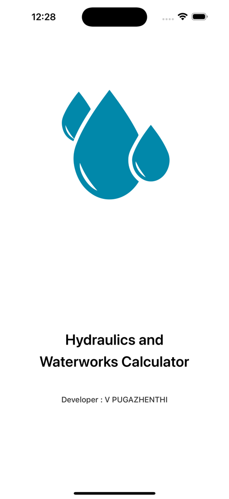Hydraulics and Waterworks Calc - Écran de démarrage de l'application Calcul Hydraulique et Hydraulique Urbaine présentant un logo de goutte d'eau bleue