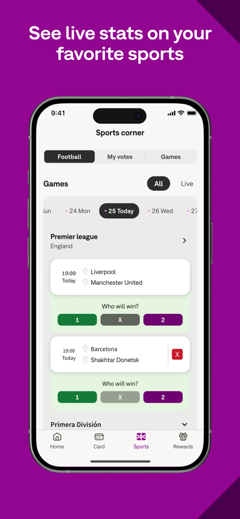 Interface de l'application Skrill affichant des statistiques sportives en direct et des pronostics pour les matchs de football