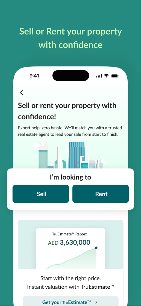 Bayut – UAE Property Search - Bayut app interface for selling or renting property with TruEstimate valuation