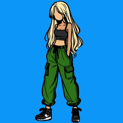 girl in baggy pants crop top and long hair