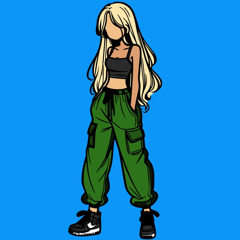 girl in baggy pants crop top and long hair