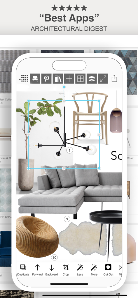 Morpholio Board - Moodboard - Morpholio Board app screen displaying an interior design mood board with furniture and editing features
