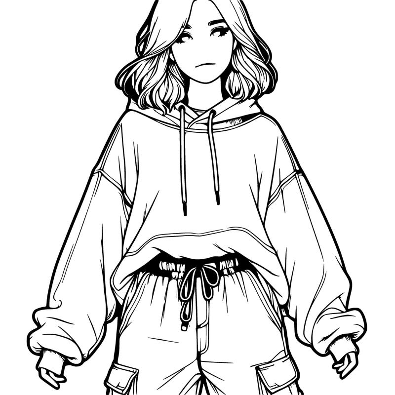 realistic girl in sweatshirt and cargo pants