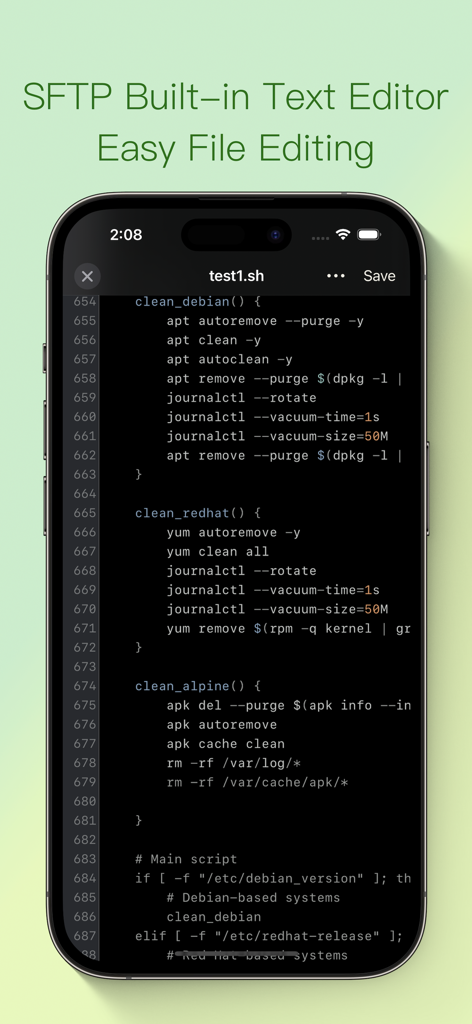 ShellBeanアプリの組み込みテキストエディタ。iPhone画面にシェルスクリプトを表示しています。