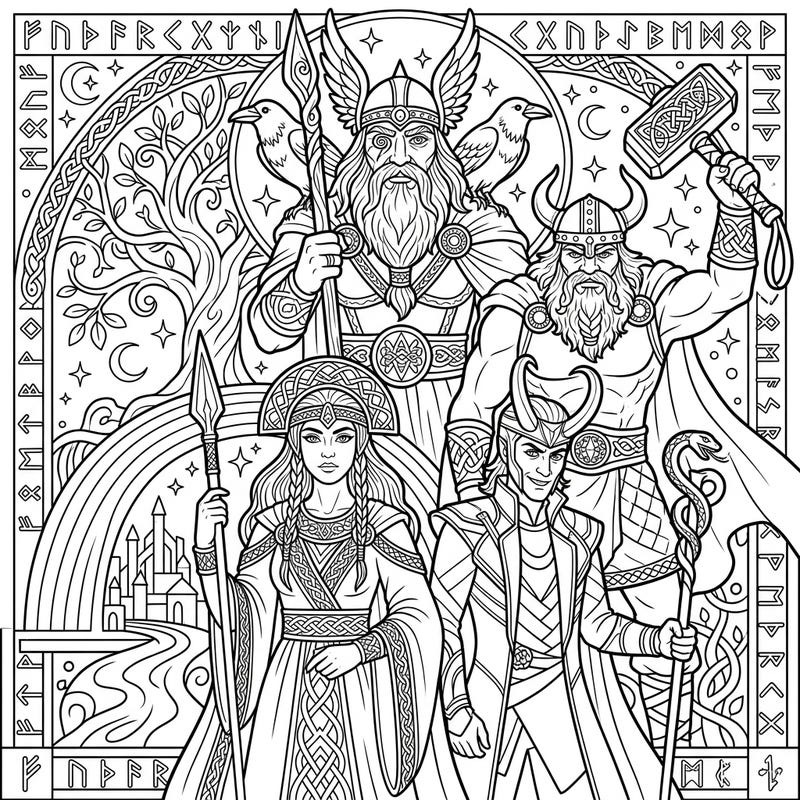 Immerse yourself in the legends of Asgard with this captivating coloring page featuring powerful Norse Gods and Goddesses. Bring to life Odin, Thor, Loki, and more with your favorite colors.