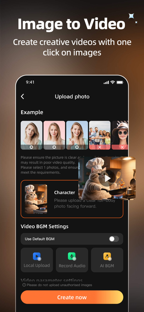 Interface of PictoPop app showing the image to video feature with character and audio settings