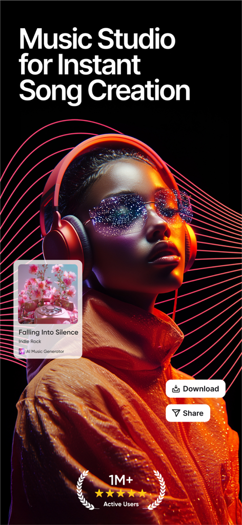 Interfaz de la aplicación Music Studio AI Song Maker para creación instantánea de canciones con un creador con auriculares y una calificación de 5 estrellas