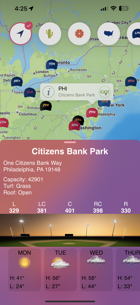 Map view of MLB stadiums with detailed info and weather forecast for Citizens Bank Park