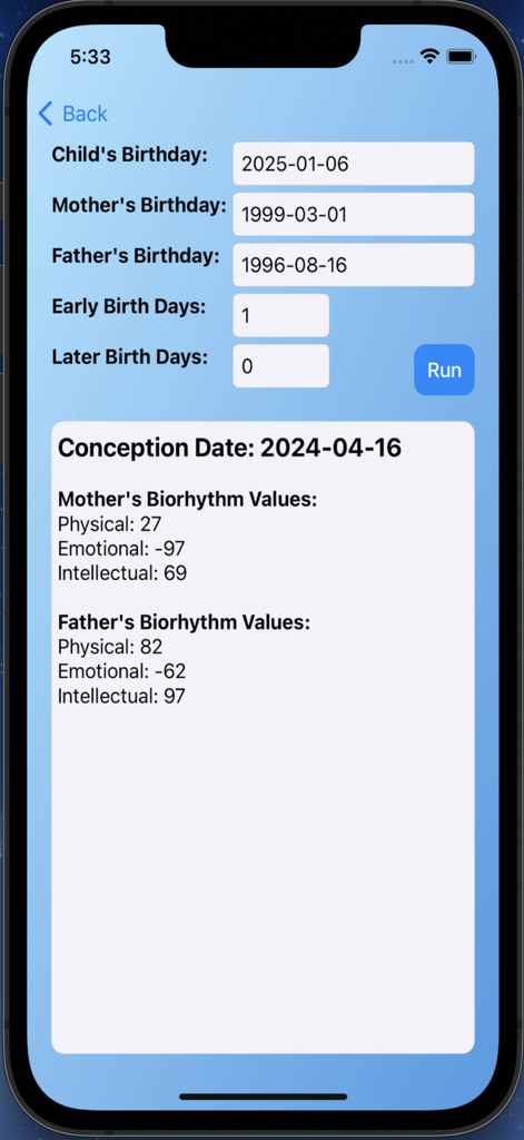 Interfaz de la aplicación Bio-PC que muestra valores de biorritmo inverso para los padres en el momento de la concepción de un hijo.