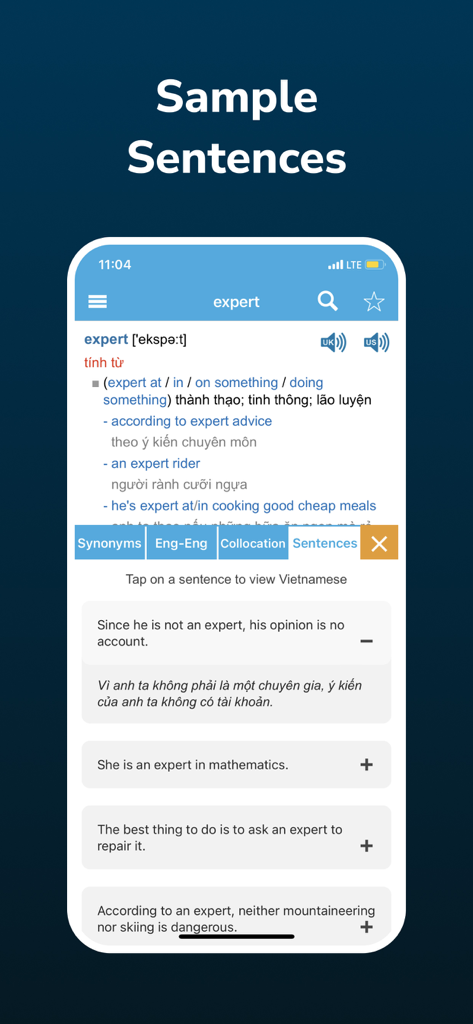English Vietnamese dictionary app interface showing sample sentences for the word expert