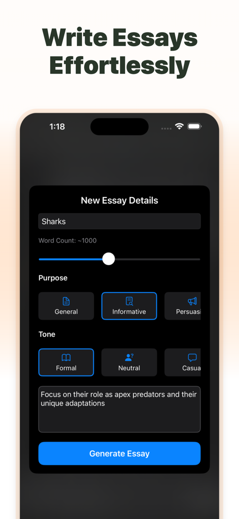 AI Homework Helperアプリ。トピック、目的、トーンのカスタマイズオプションを備えたエッセイジェネレーター画面を表示。