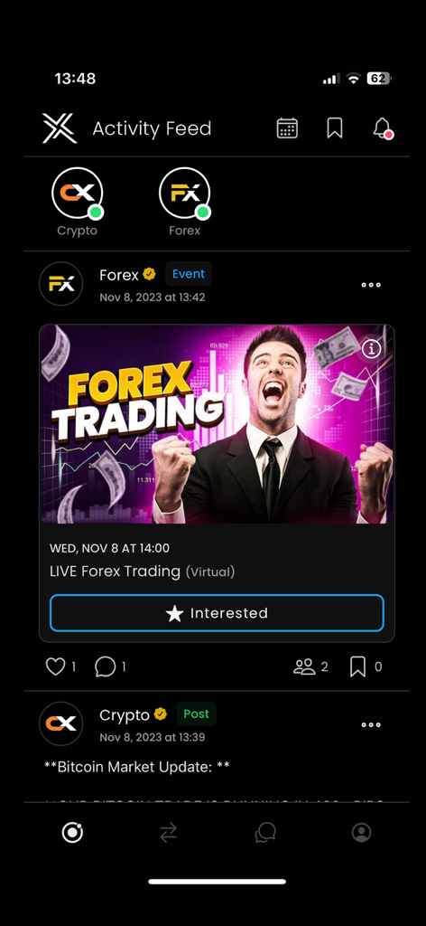 Solexx - Solexx App Aktivitäts-Feed, der Live-Forex-Trading-Events und Bitcoin-Markt-Updates anzeigt