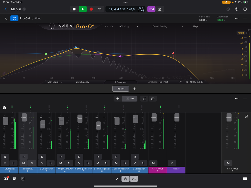FabFilter Pro-Q 4 - FabFilter Pro-Q 4 professional equalizer interface with frequency curve and mixer on iPad