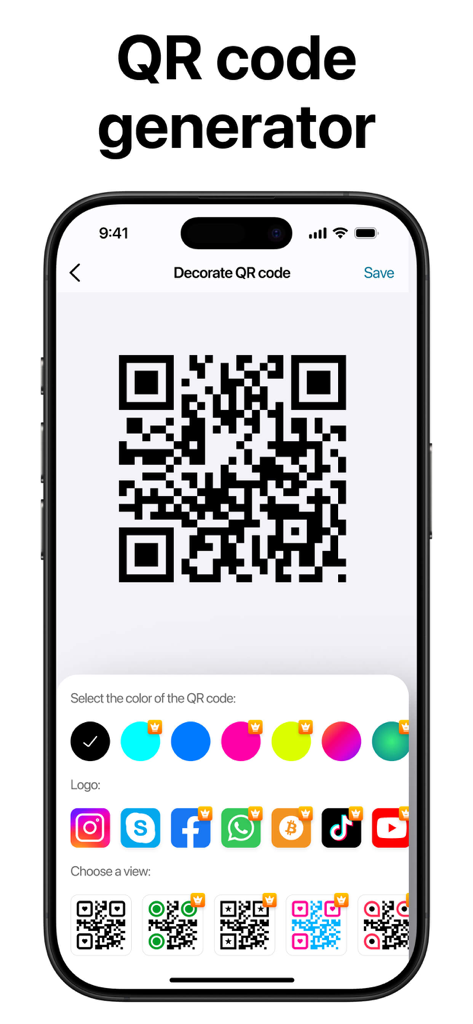 Barcode Scanner & Readerㅤㅤ - Interface de aplicativo móvel para gerar códigos QR com cores personalizadas e logotipos de marca