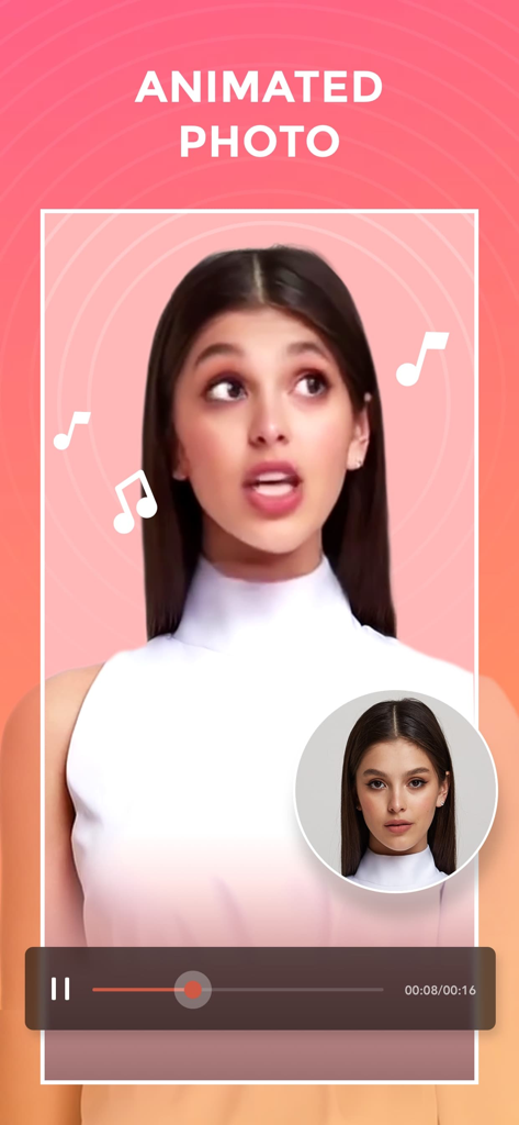 FilterRoom - Face Editor - A demonstration of the FilterRoom app turning a static portrait into an animated singing photo with musical notes.