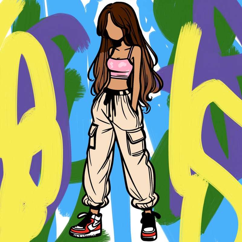 girl in baggy pants crop top and long hair