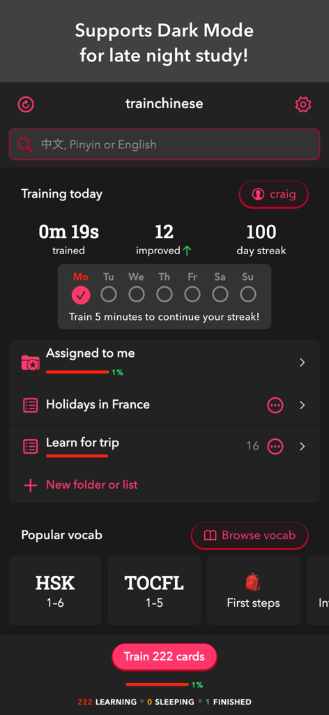 trainchinese - trainchineseアプリのダークモードのダッシュボード。学習進捗状況と語彙リストが表示されています。
