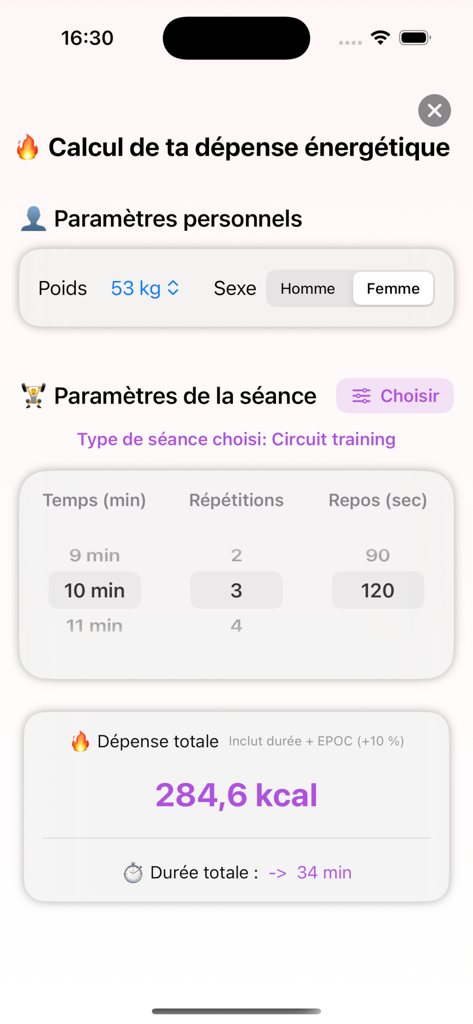EPS Muscu AI - Pantalla de calculadora de gasto energético en EPS Muscu AI que muestra las calorías totales quemadas y la duración de la sesión
