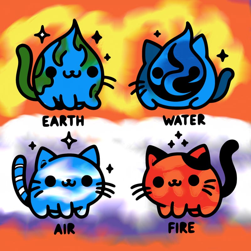 4 cats that represent the different elements, earth, water, air, and fire