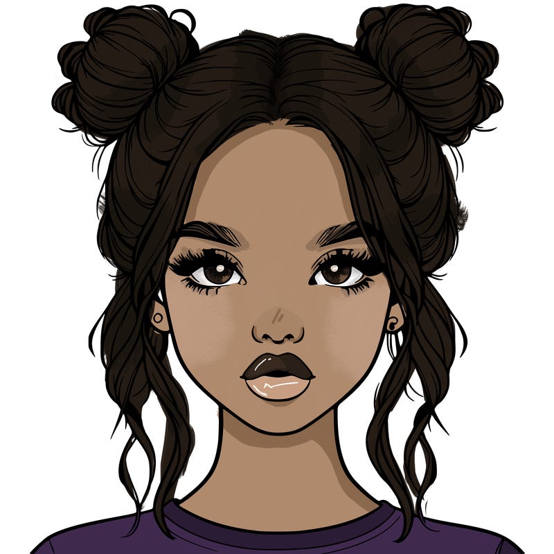 realistic girl with two buns in hair and lips
