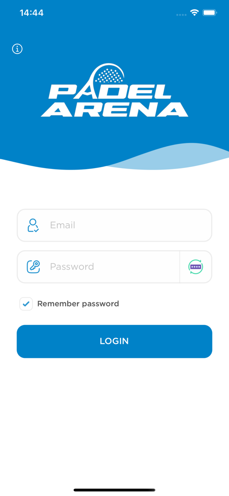 Padel Arena Prishtina - Pantalla de inicio de sesión de la aplicación móvil Padel Arena Prishtina con el logo del club y campos para correo electrónico y contraseña.