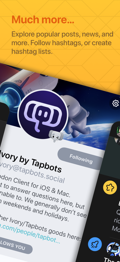Ivory for Mastodon by Tapbots - Screenshot of the Ivory for Mastodon app showing a user profile and hashtag exploration features.