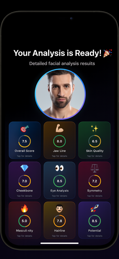 VisometriX: AI Grooming Coach - Pantalla de la aplicación móvil mostrando los resultados del análisis facial IA con puntuaciones para la calidad de la piel de la línea de la mandíbula y la simetría