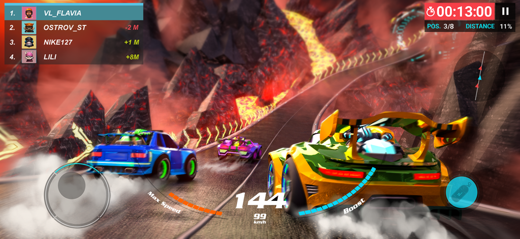 Max Speed: 3D Stunt Race - High-speed 3D stunt racing action on a volcanic track with lava and customized cars.