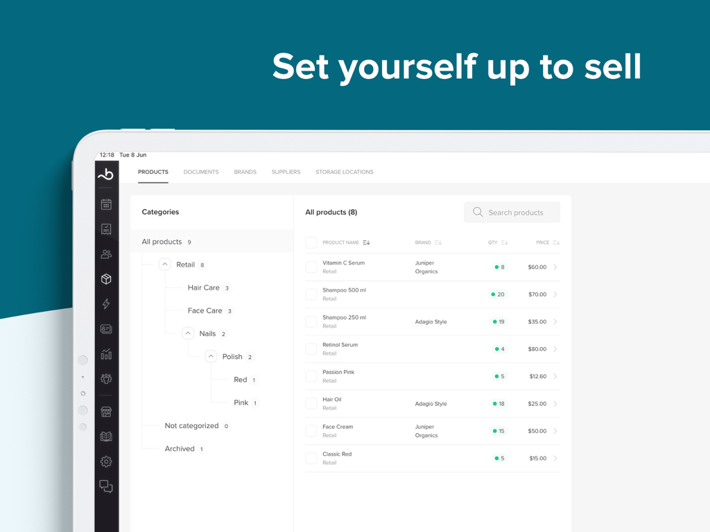 Booksy Biz Pro tablet app interface showing retail product inventory management with categories and pricing