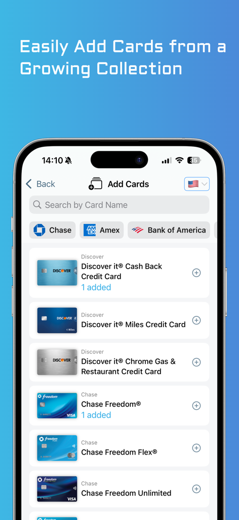 RewardRadar: Credit Cards - User interface for adding credit cards like Chase and Discover to the RewardRadar app