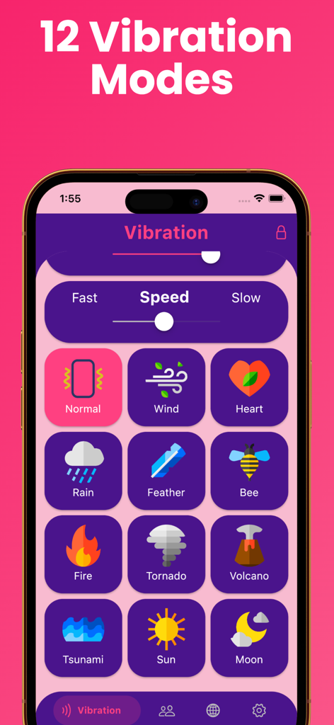 Interface of the Strong Vibration app showing 12 different vibration modes and speed settings