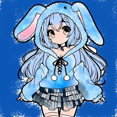 pretty anime girl wearing a fluffy hoodie with bunny ears on the hood and a skirt