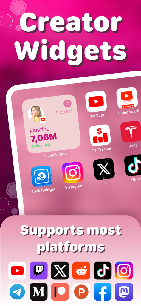 Followers Insight Widget - Pantalla de inicio de iPhone mostrando el Widget Followers Insight con recuentos de seguidores de redes sociales para creadores de contenido