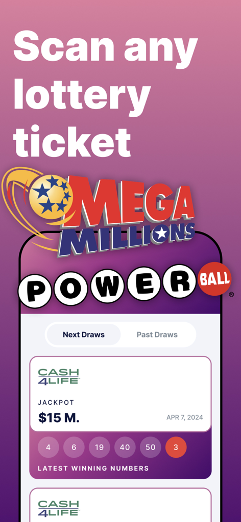 Lottery Ticket Scanner App - 宝くじスキャナーアプリのインターフェースにメガミリオンズ、パワーボール、Cash4Lifeのジャックポット結果が表示されています