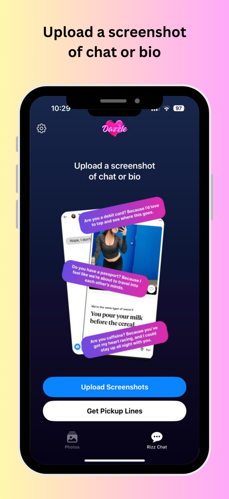 Interfaz de la aplicación Dazzle para subir capturas de pantalla de chat y generar frases de ligue y starters de conversación con IA.