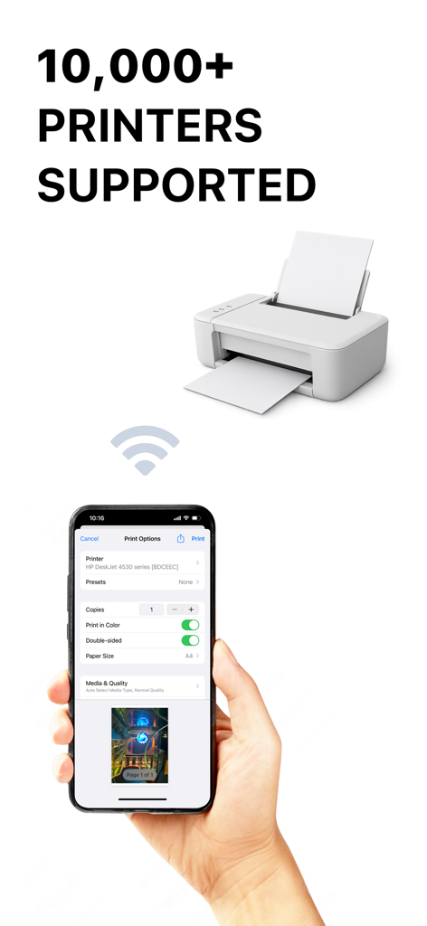 Smart Printer App ゜ - Interfaz de la App Impresora Inteligente en iPhone mostrando opciones de impresión inalámbrica y más de 10.000 impresoras compatibles
