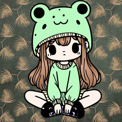 a girl wearing a frog hat and some frog socks