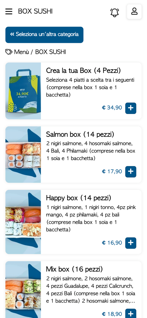 Nima Sushi - Interfaz de la aplicación móvil Nima Sushi que muestra varias opciones de comidas en cajas de sushi con precios y descripciones.