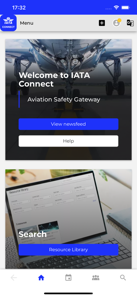 IATA Connect 앱 홈 화면, 항공 안전 게이트웨이 및 리소스 라이브러리 표시