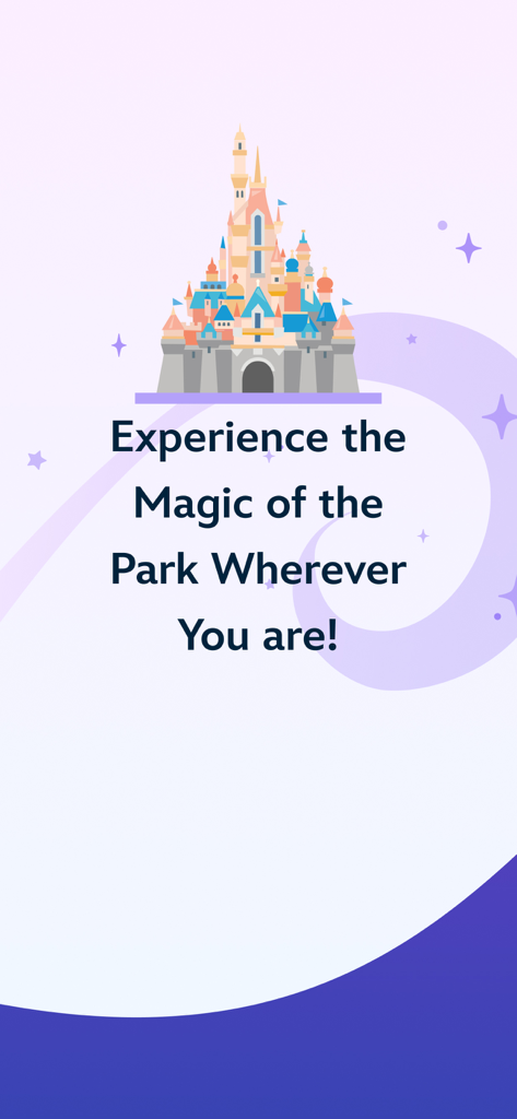 Hong Kong Disneyland - 성 일러스트레이션과 홍보 문구가 포함된 홍콩 디즈니랜드 앱 시작 화면