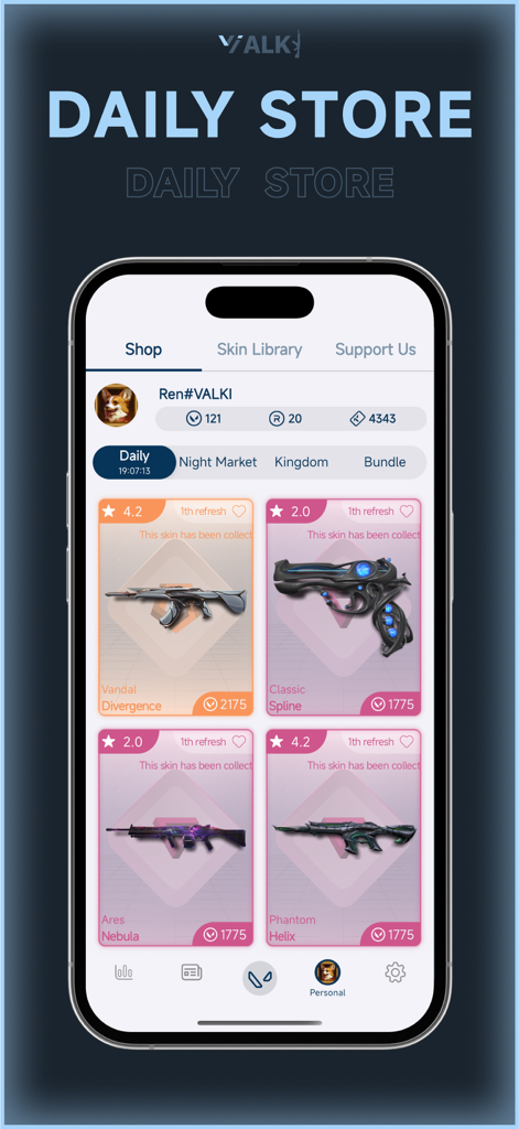 Valki app interface showing the Valorant daily weapon skin store on a mobile phone