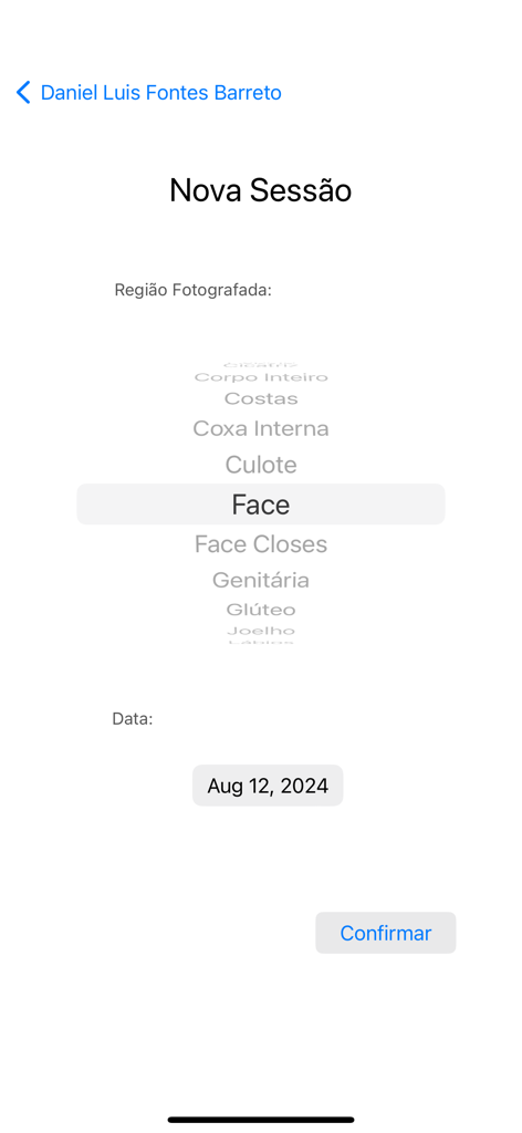 Interface for setting up a new medical photo session including body region selection and date